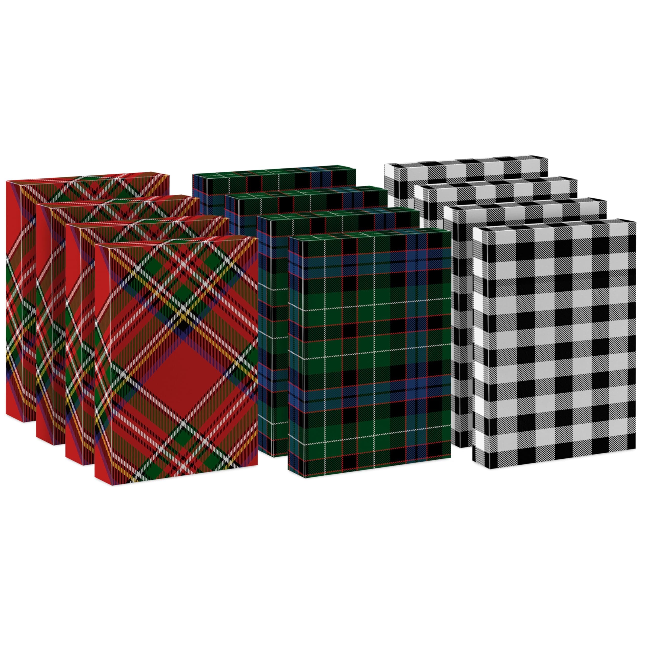 Hallmark Medium Christmas Gift Boxes with Lids (12 Shirt Boxes, 3 Designs: Blue, Green, Red Plaid, Black Buffalo Check) for Christmas, Hanukkah, Birthdays, Father's Day