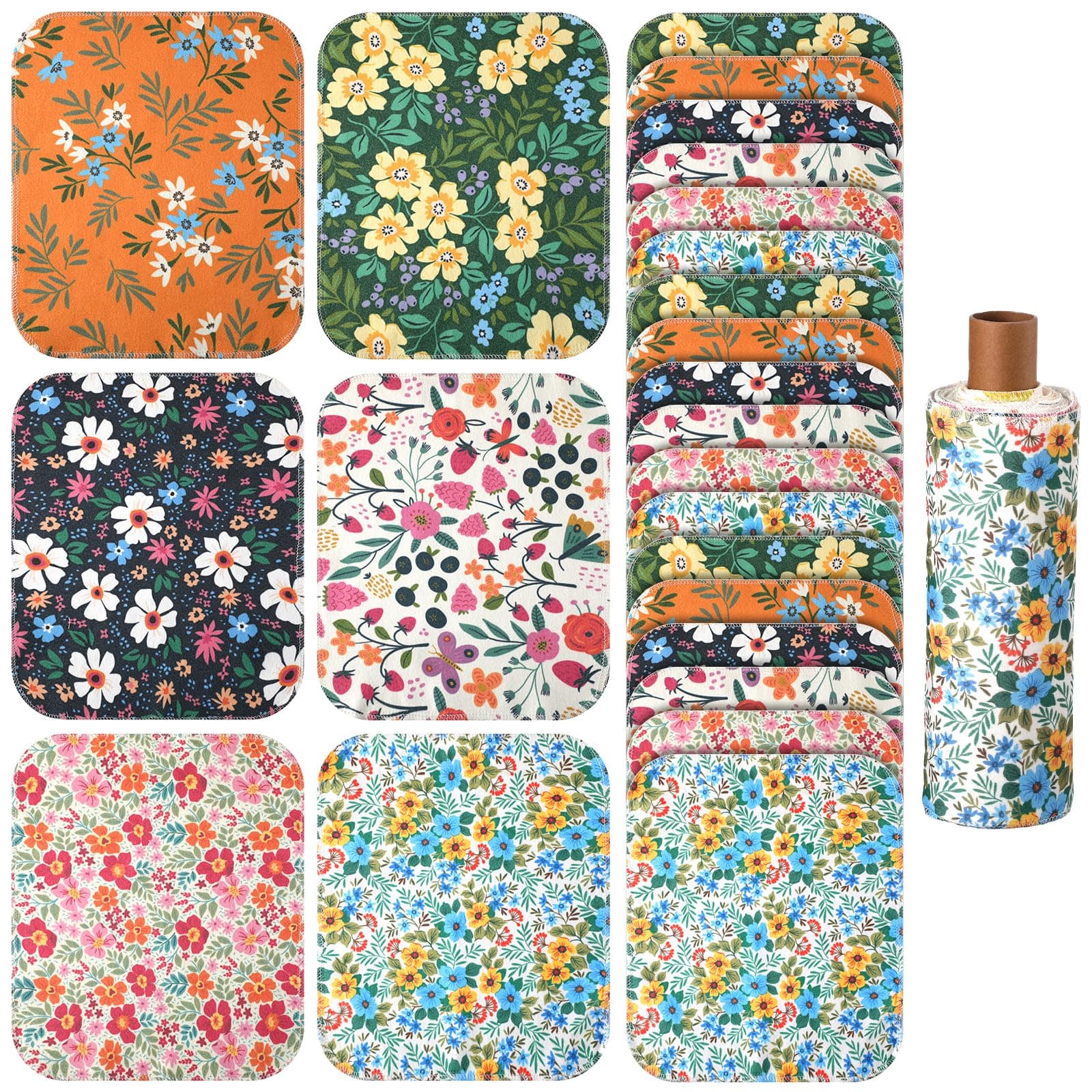 Redbaker 30 Pcs Reusable Paper Towels with Cardboard Roll 10x12 Inch Reusable Cloth Paper Towels for Kitchen Washable Napkins Fit on All Holders Towel Roll for Home Household Kitchen Cleaning (Floral)