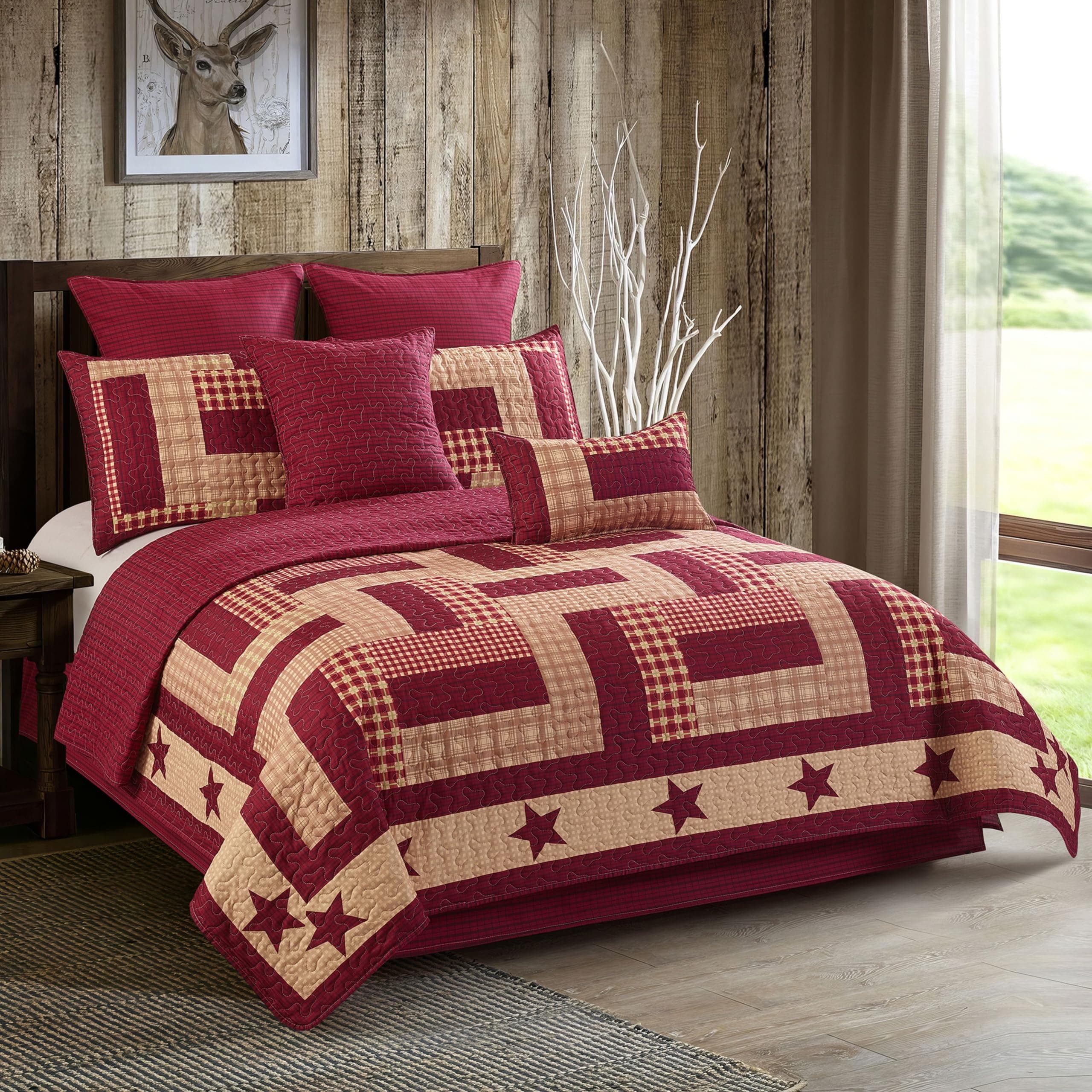 Virah Bella 3 Piece King Cabin Quilt Bedding Set - Homestead Red - Rustic Country Reversible Patchwork Comforter Set with Decorative Pillow Shams
