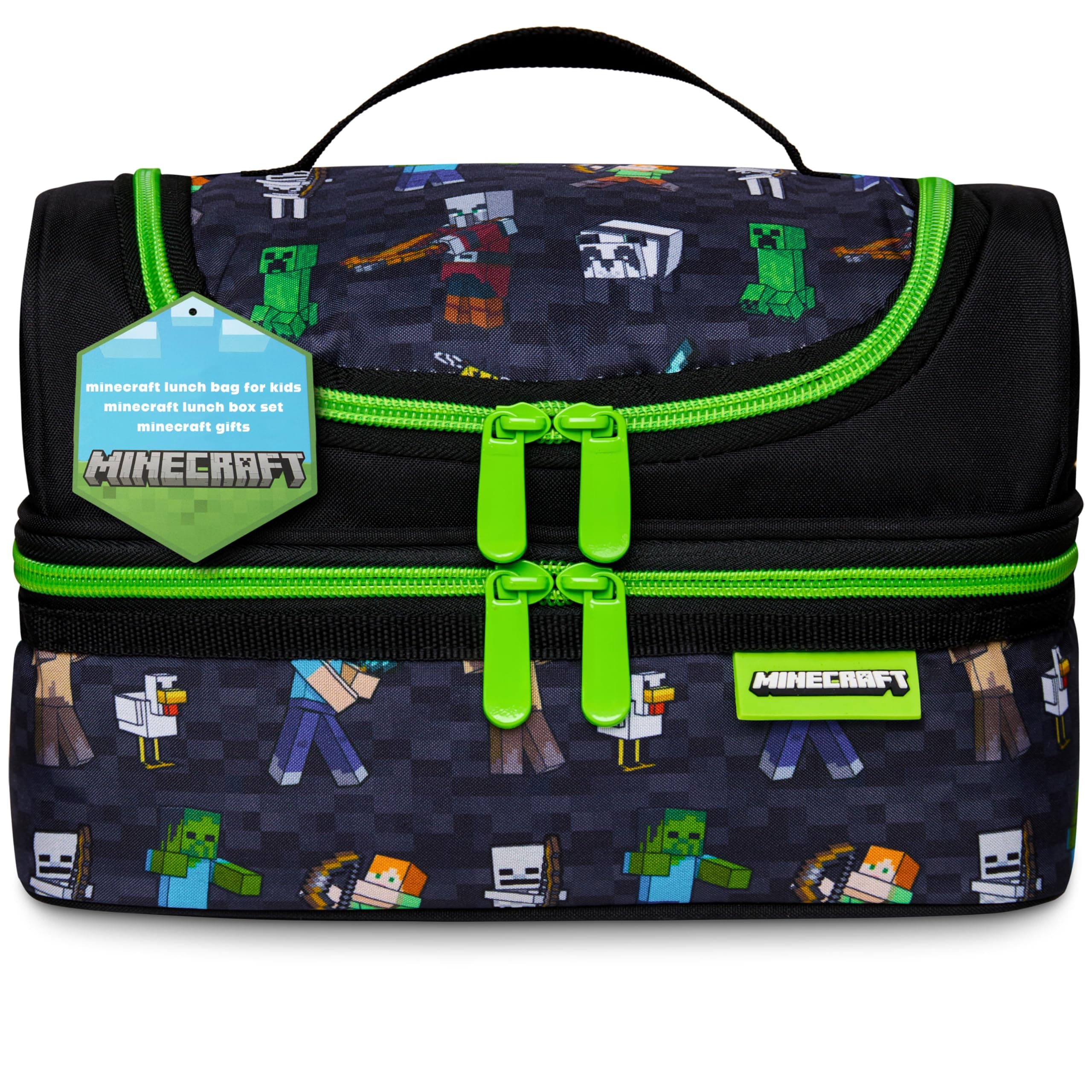 Minecraft Lunch Bag for Kids Insulated Lunch Box Creeper Snacks Food Carrier Options with Water Bottle for School Travel Picnic Cooler Bag (Black)