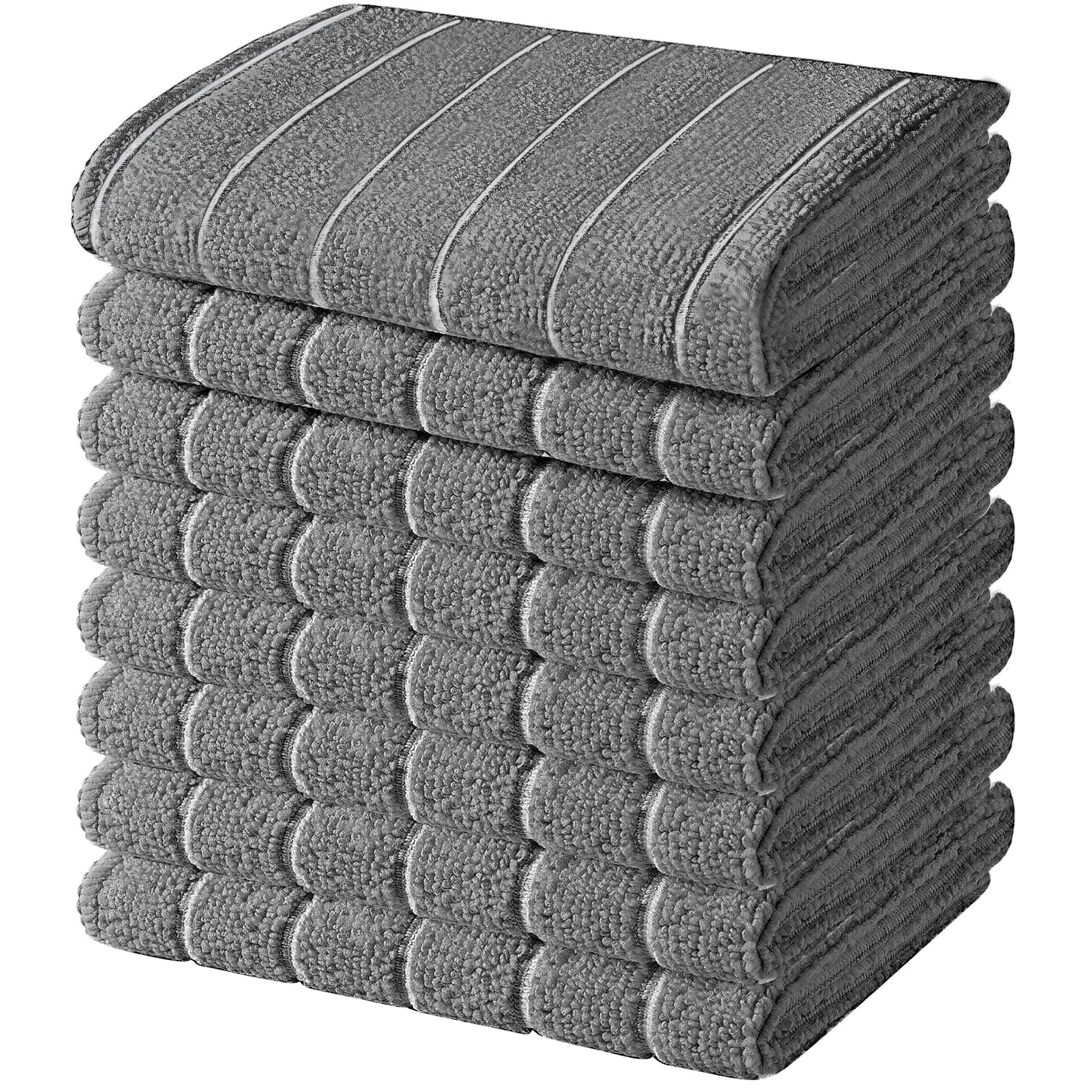 HYER KITCHEN Microfiber Dish Towels, Stripe Designed, Super Soft and Absorbent Dish Cloths, Pack of 8, 12 x 12 Inch, Gray