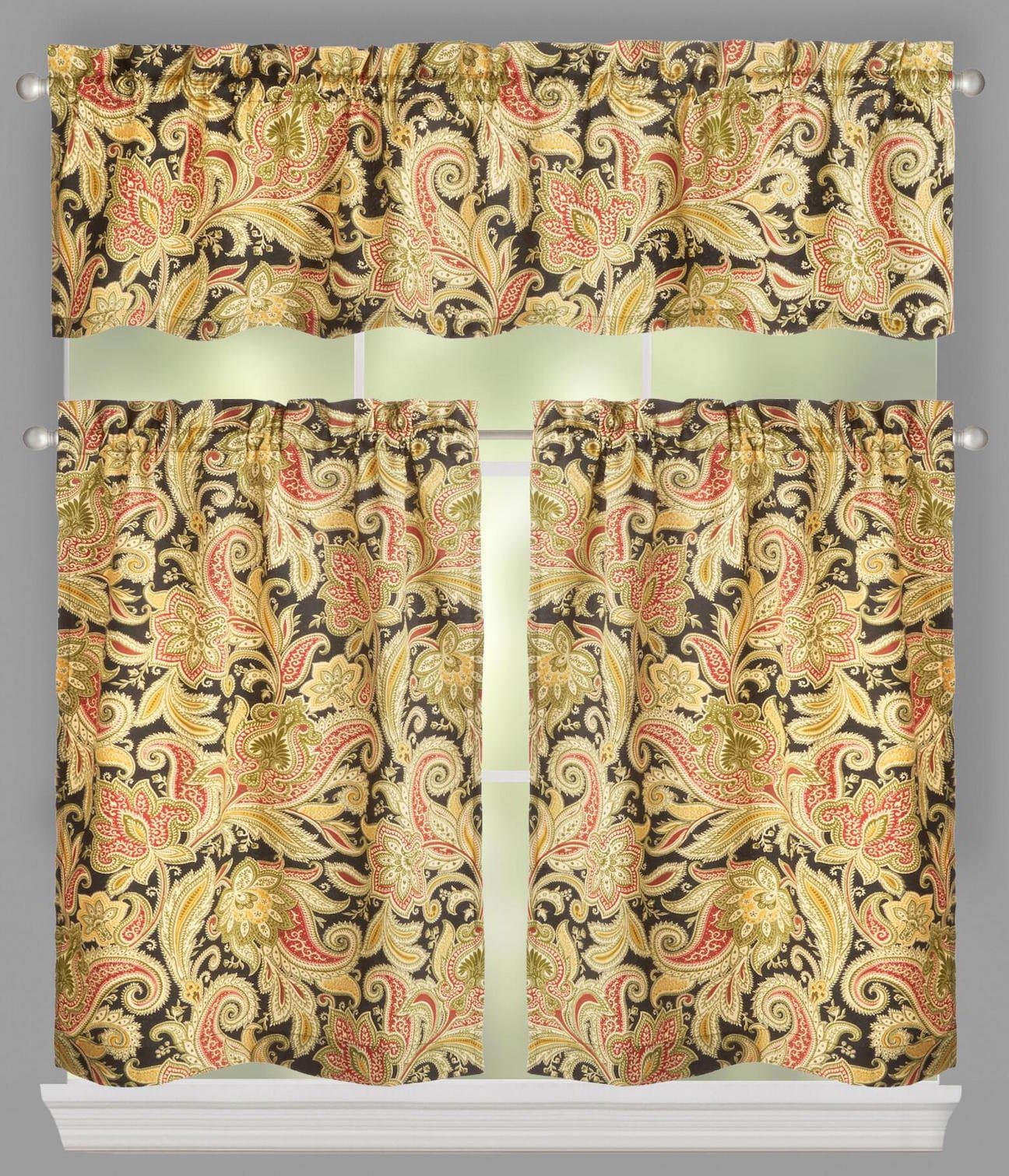 Traditions by Waverly Rustic Retreat Floral Stripe Window Tier and Valance Set, 52-inch Width