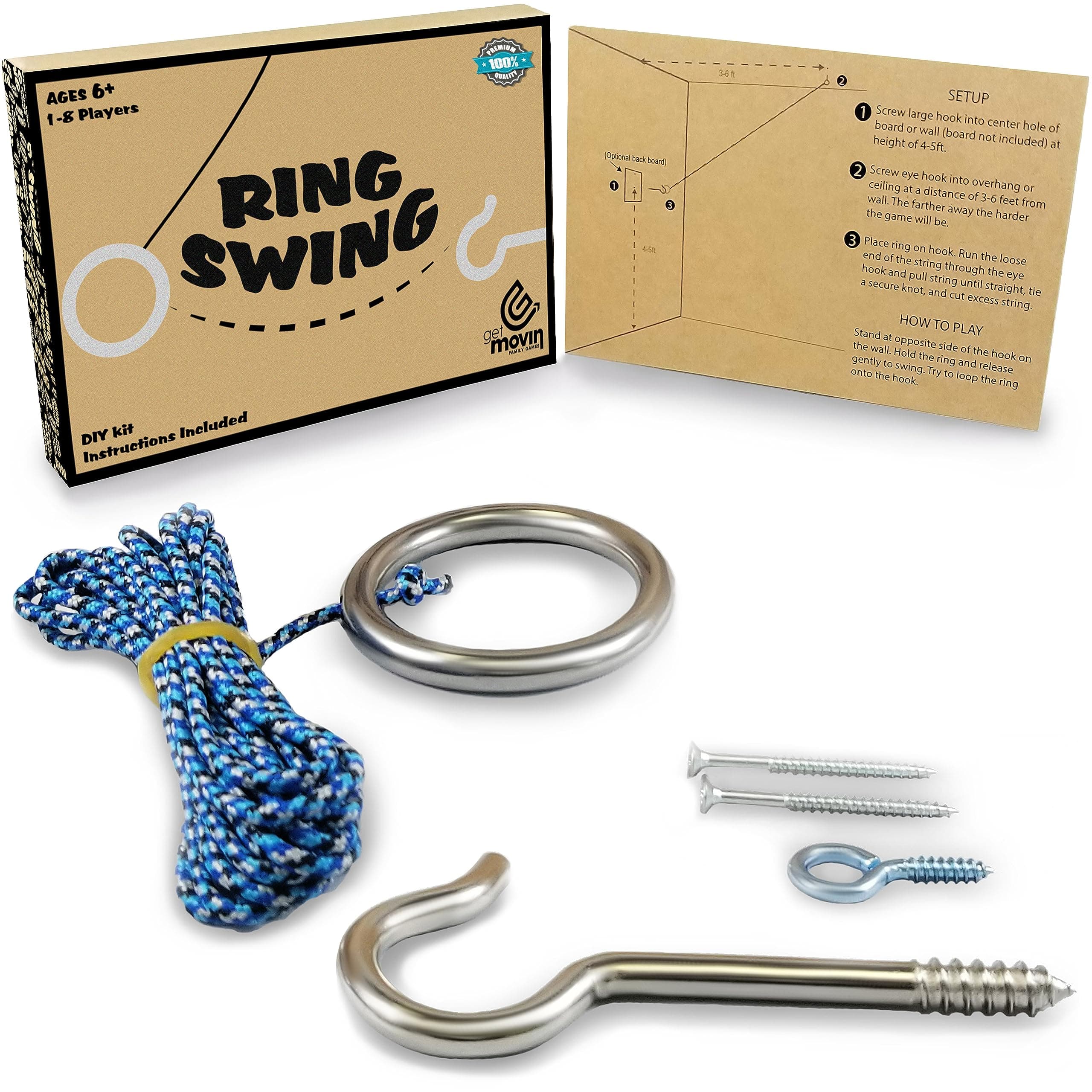 Hook and Ring Swing DIY Kit Stainless Steel Hardware and Nylon String Ring Toss Game Indoor – Outdoor for Endless Hours of Fun! GetMovin’ Sports