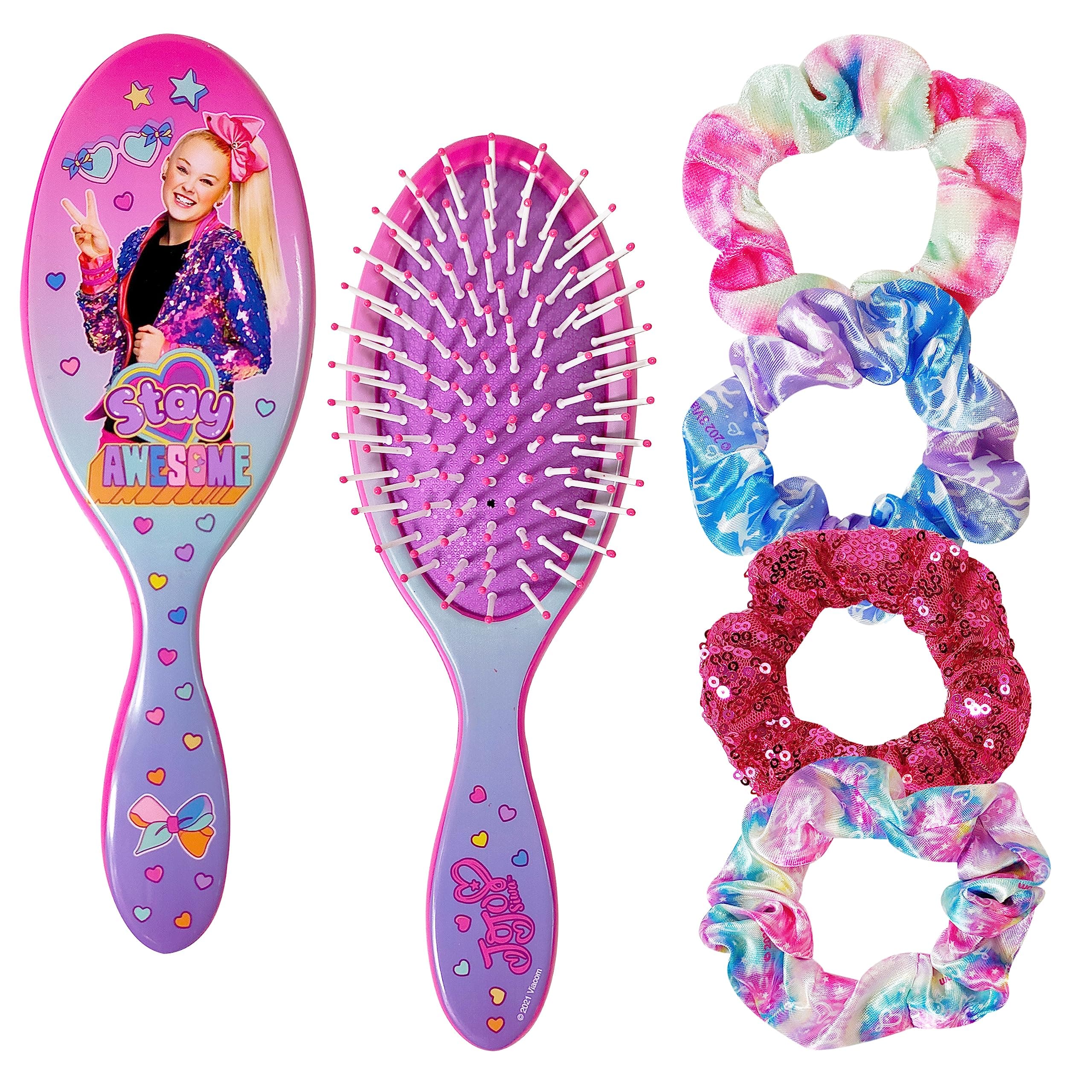 LUV HER Nickelodeon Jojo Siwa Hair Brush & 4 Scrunchies - Girls 9inc Hair Set, Detangling Brush for Thick Curly Thin Wet or Dry Hair - Hair Accessories for Kids Ages 3+