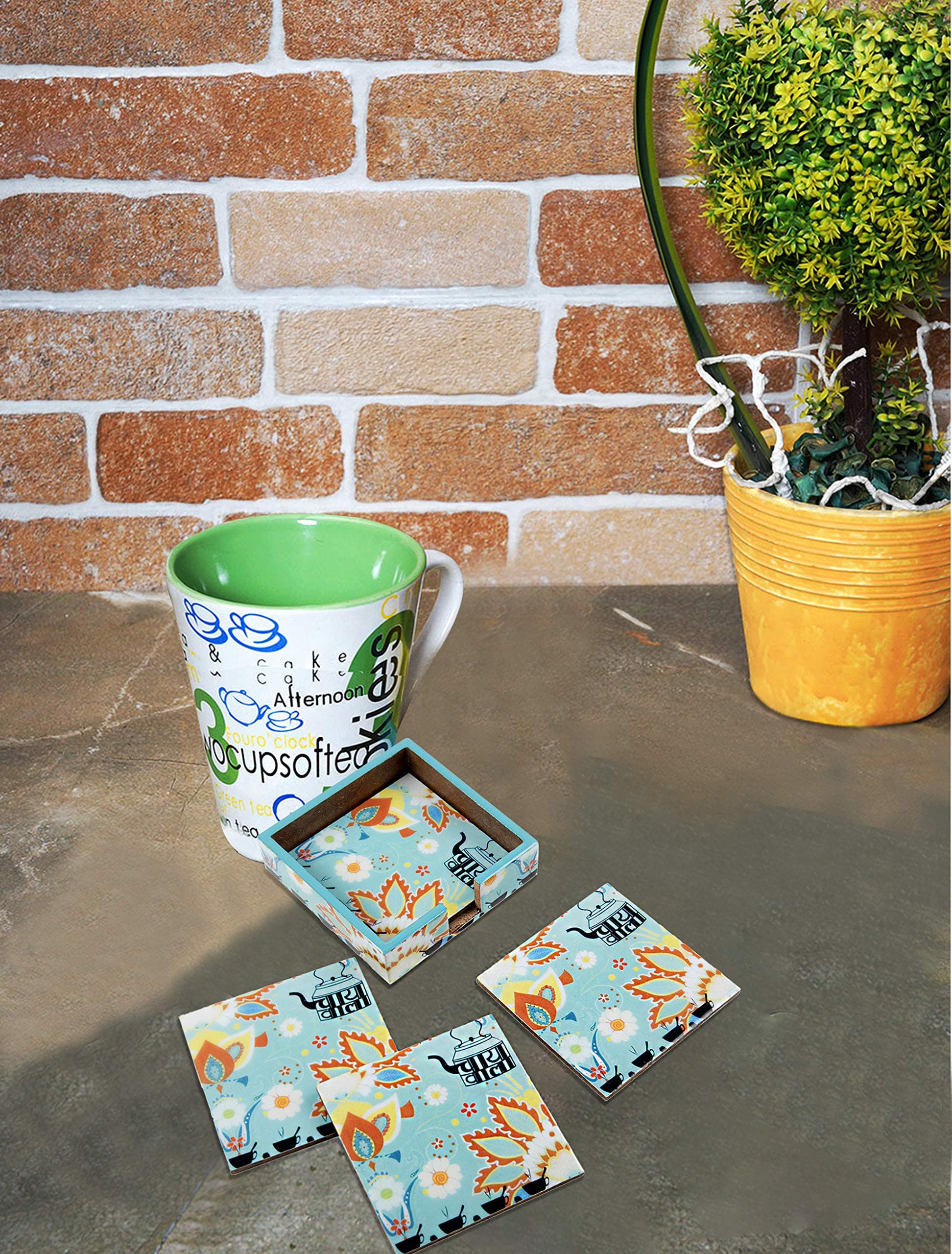 INSTOOK Elegant Printed Wooden Coasters for Home Kitchen, Office Desk Set of 4 Color - Blue