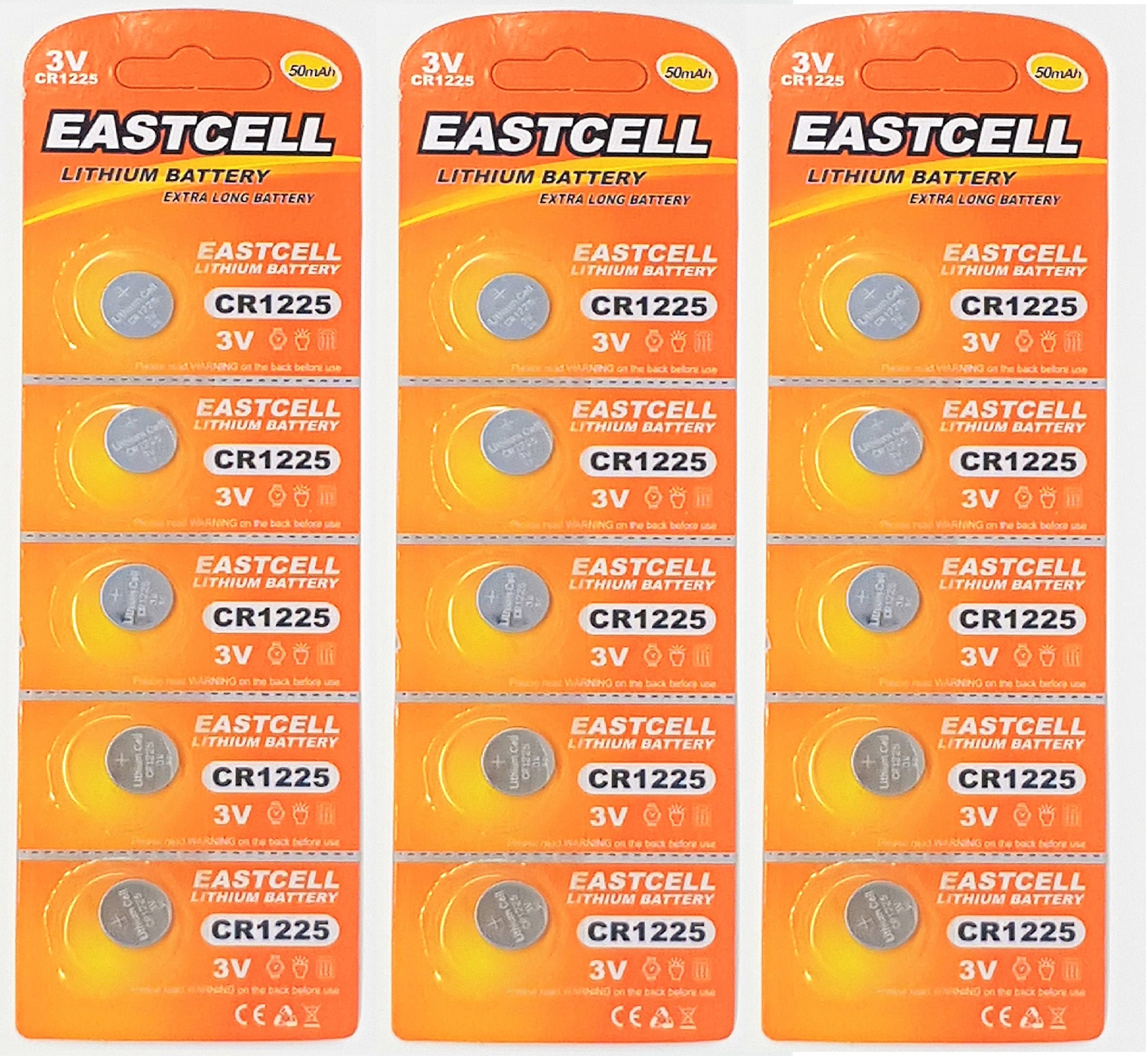 EASTCELL 15 x CR1225 3 V Lithium Button Cell Batteries 50 mAh (3 Blister Card with 5 Batteries) Disposable Branded Product