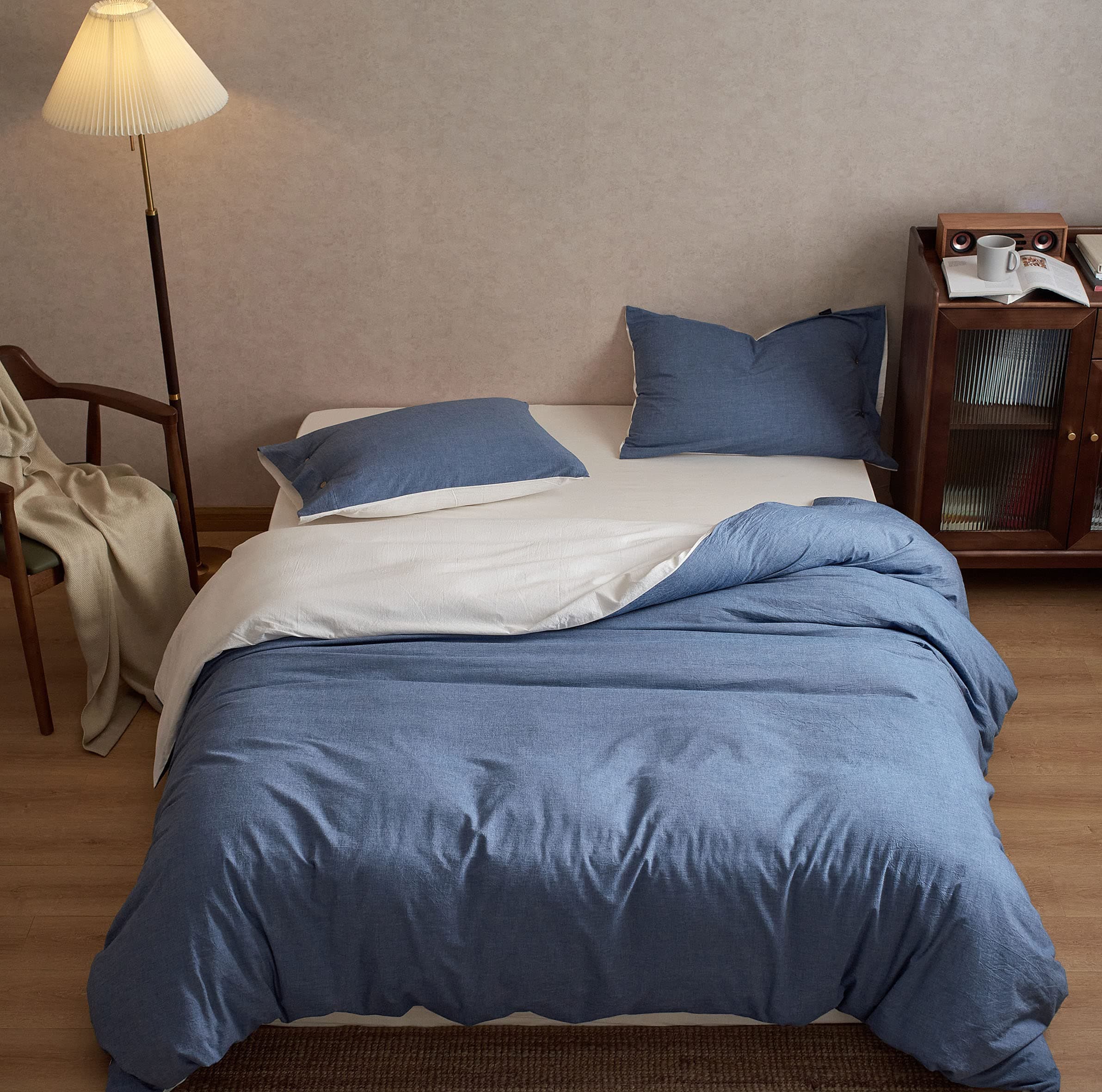 MILDLY Reversible Duvet Cover King Size 100% Washed Cotton Bedding Set 3 Pieces with 2 Pillow Cases & 1 Duvet Cover