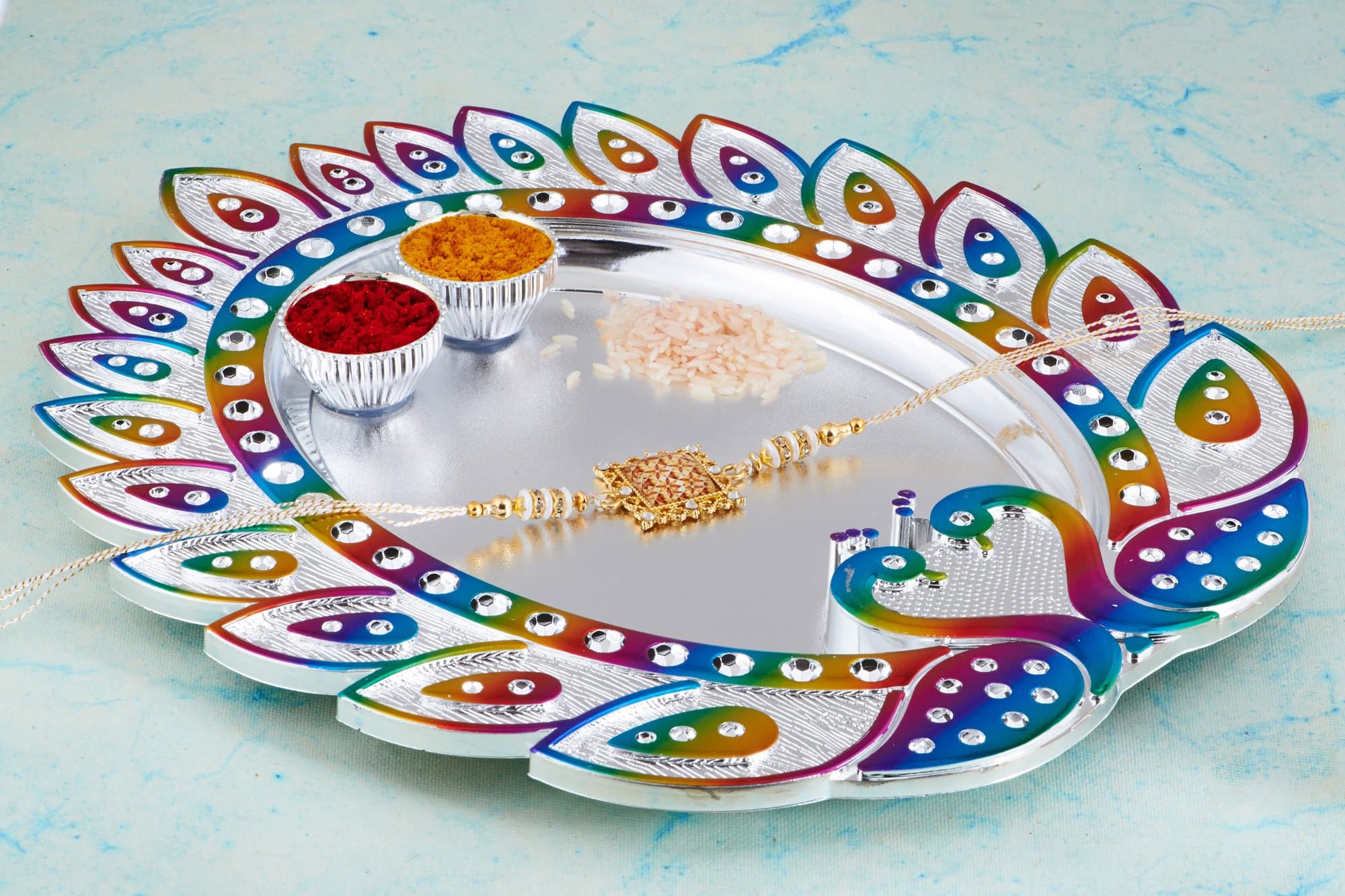Diwali Pooja Thali Tilak Decorative Platter Set, Laxmi/Ganesh Pooja Hindu Puja 10 (Multi Round Thali) (Silver Oval)