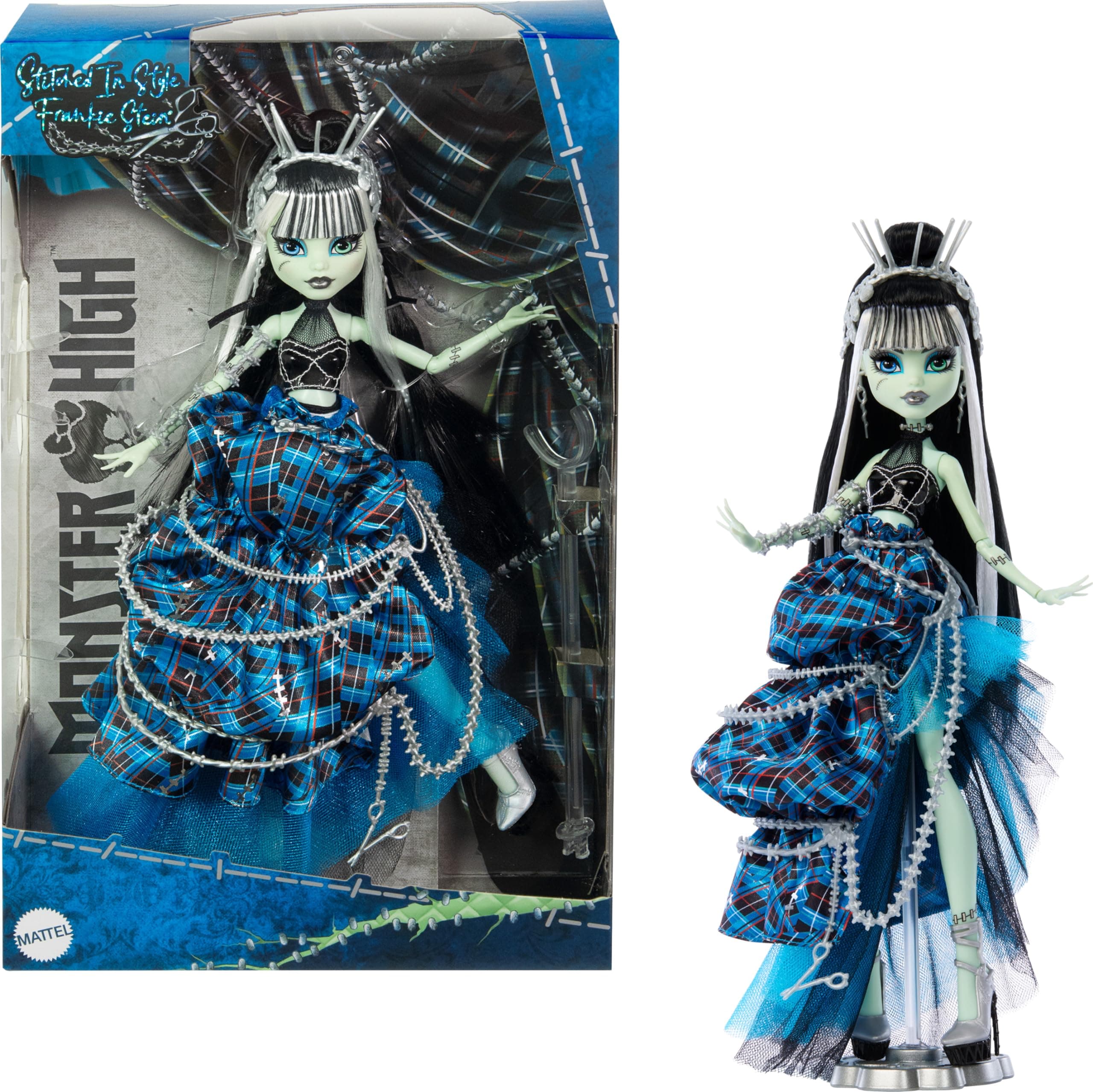 Monster High Stitched in Style Frankie Stein - Ghoul Doll in Detailed Look, Visible Stitching and Ruffle Skirt and Patchwork Stilettos, Fans and Collectors, HRL66