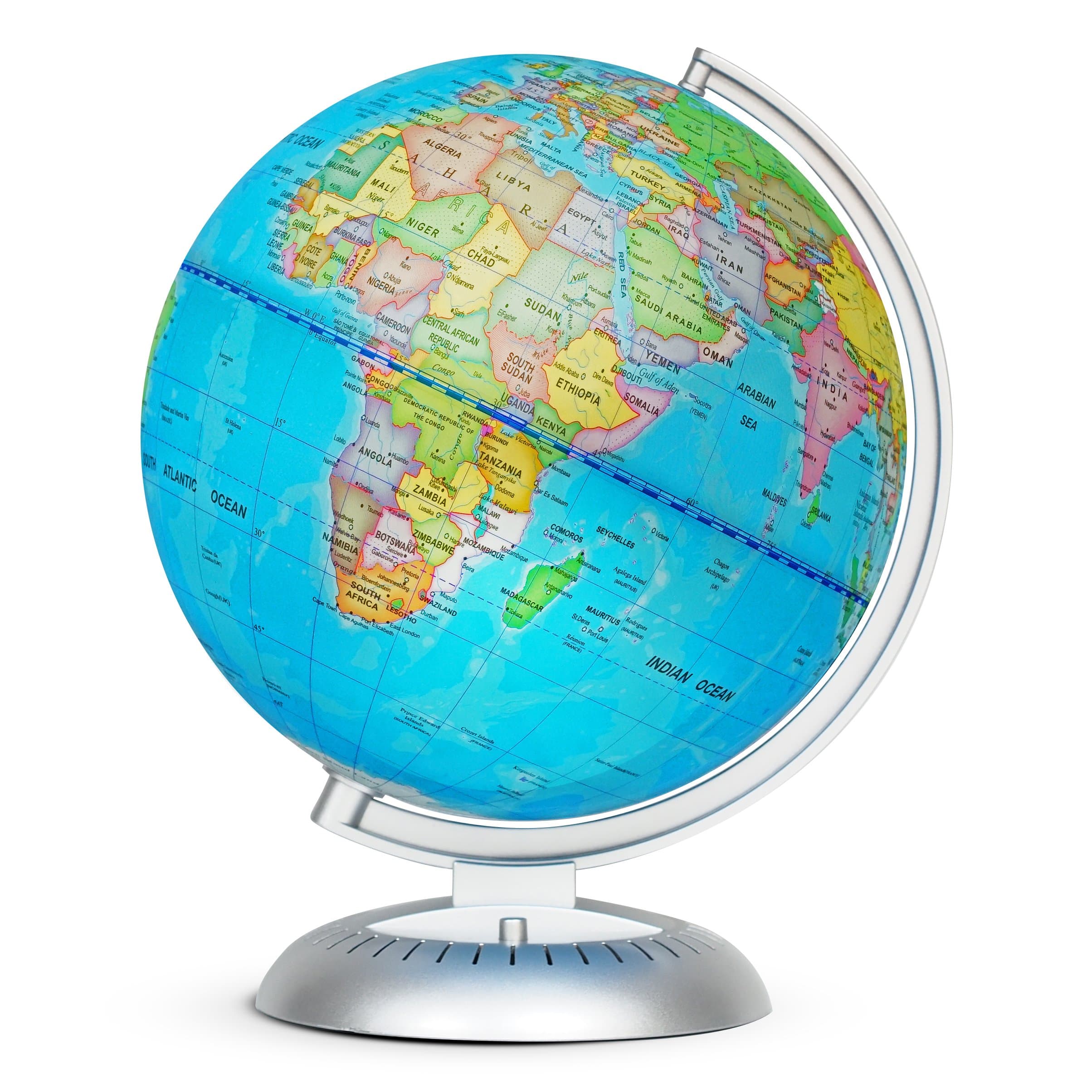 Illuminated World Globe for Kids with Stand – Built-in LED Light Illuminates for Night View – Colorful, Easy-Read Labels of Continents, Countries, Capitals & Natural Wonders, 8"