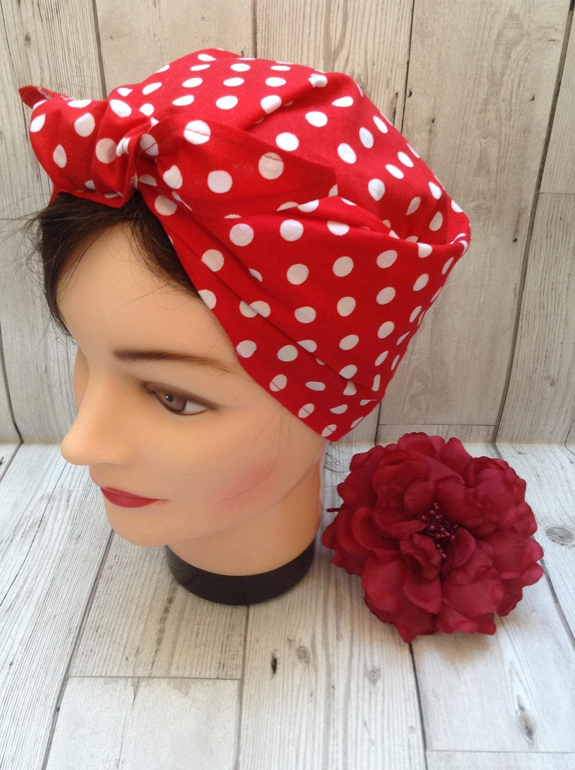 Red Rosie the Riveter polka dot vintage style headscarf, chemo hair loss head cover
