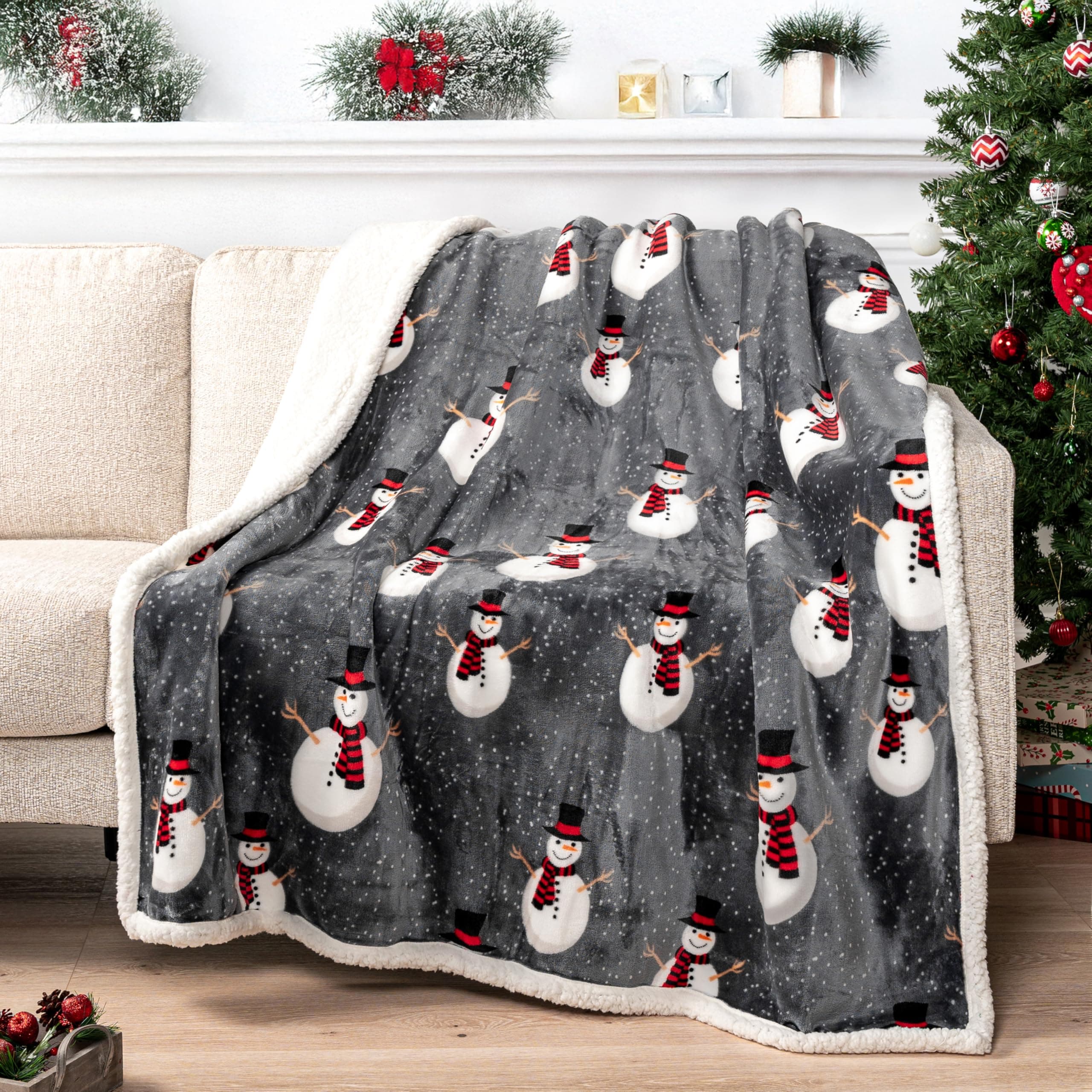 PAVILIA Premium Christmas Sherpa Throw Blanket, 50x60, Grey Snowman Cozy Fleece Holiday Blanket, Reversible Plush Winter Throw for Couch & Bed, Ultra Soft Warm